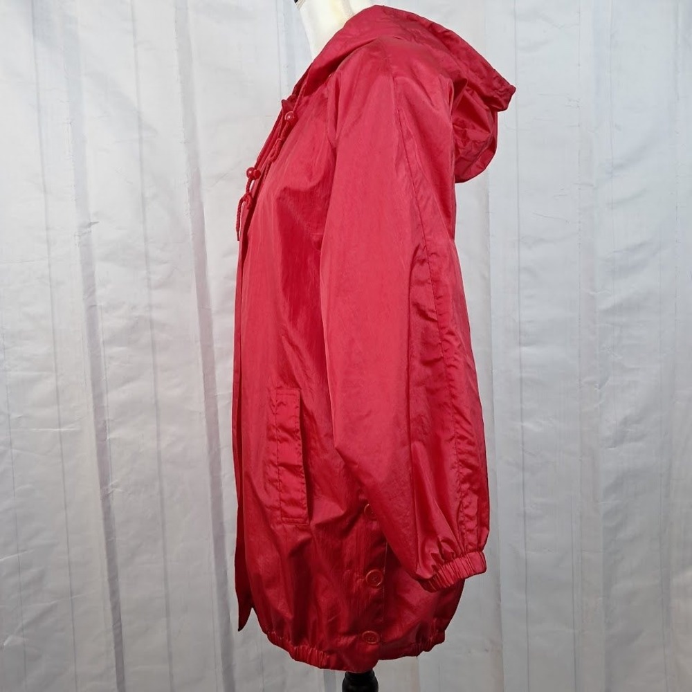 JANEVE S Vintage Red Nylon Hoodie Jacket Button Front Oversized Streetwear - Picture 4 of 7